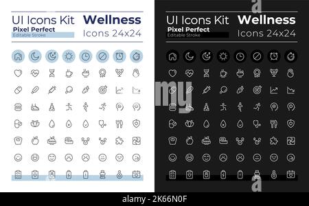 Wellness pixel perfect linear ui icons set for dark, light mode Stock Vector