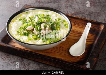 Dak Gomtang Korean Chicken Soup served with rice and green onion close-up in a bowl on the table. Horizontal Stock Photo