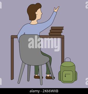 The student raises his hand to answer the question. Color vector illustration. A brunette boy sits at a desk in the classroom, next to textbooks Stock Vector