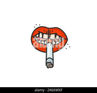 Hand drawn vector abstract flat stock modern graphic illustration of old retro vintage woman holding cigarette,90 vintage print concept,retro vector Stock Vector