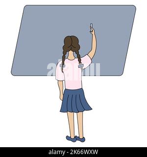 The schoolgirl writes on the blackboard with chalk. Color vector illustration. Brunette girl with pigtails view from the back. School theme. Stock Vector