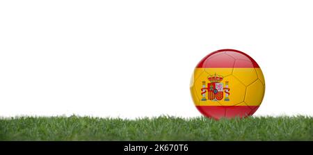 3D illustration Soccer ball with spain flag on grass, copy space with white background. Stock Photo