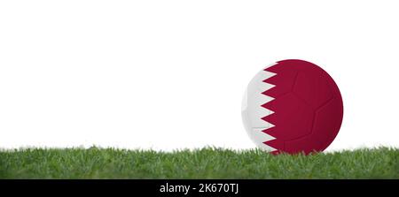 3D illustration Soccer ball with qatar flag on grass, copy space with white background. Stock Photo