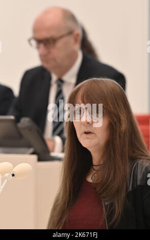 Potsdam, Germany. 12th Oct, 2022. Katrin Lange (SPD, r), Minister of Finance of the State of Brandenburg, speaks at the state parliament session about the 2023/2024 double budget. Among other things, the deputies discuss the 20223/2024 budget law of the state government, the labor market in Brandenburg and the PCK refinery in Schwedt. Credit: Bernd Settnik/dpa/Alamy Live News Stock Photo