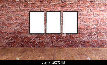 3 vertical frame mockup 3d rendering on a red brick gallery wall with wooden floor. Stock Photo