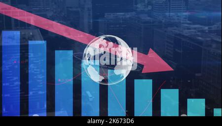 Image of red arrow with statistics processing over world map Stock Photo