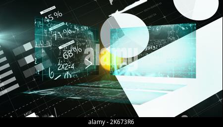 Image of data processing over mathematical equations on black background Stock Photo