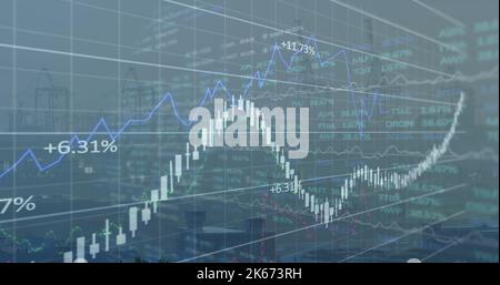 Image of financial graphs and data over cityscape Stock Photo