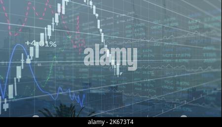 Image of financial graphs and data over cityscape Stock Photo