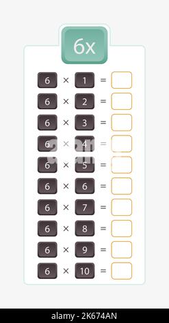 6x multiplication for practice, multiplication table without answers. Vector illustration. Stock Vector