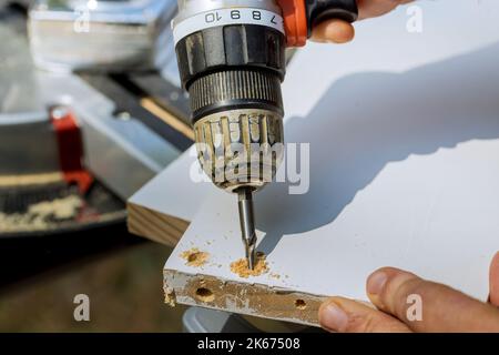 Carpenter drilling wood boards into using screwdriver for purpose of connecting them in construction process. Stock Photo
