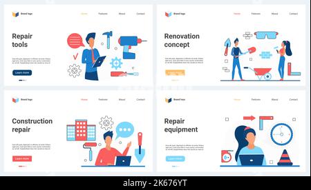 Construction building, repair and maintenance tools set vector illustration. Cartoon engineers and builders work with equipment, renovation concept for banner, website design or landing web page Stock Vector