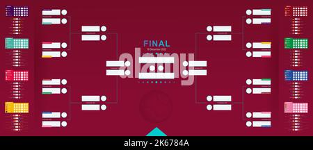 World 2022 match schedule, soccer results table with flags of participants. Tournament bracket  in horizontal design. Vector illustration. Stock Vector