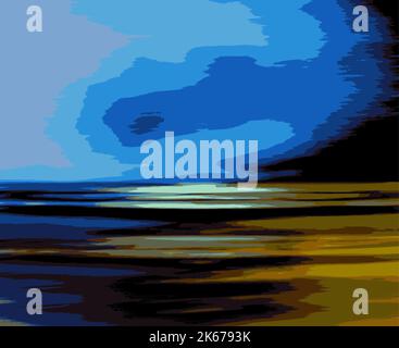 Abstract Landscape Art Illustration with Beach, Sky Clouds and Ocean Vector - Blue Colors Stock Vector