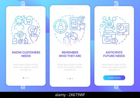 Research target audience needs blue gradient onboarding mobile app screen Stock Vector