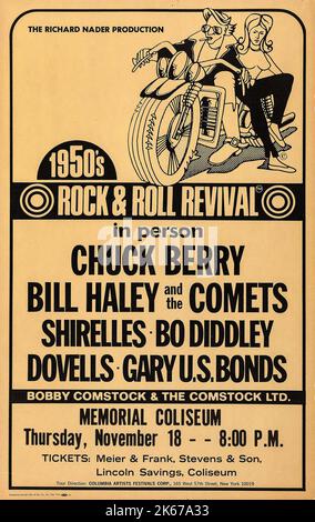 1950s Rock & Roll Revival featuring Chuck Berry, Bill Haley, Shirelles, Bo Diddley, Dovells, Gary U.S. Bonds at the Memorial Coliseum (Richard Nader, Early 1970s). Concert Window Card. Motorcycle illustration. Memorial Coliseum. Stock Photo
