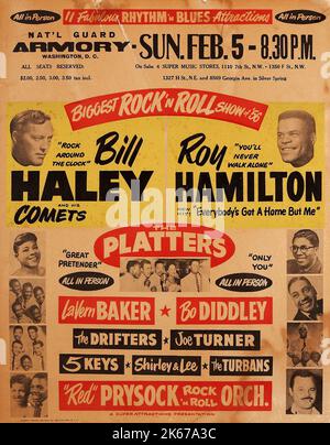 Bill Haley and his Comets - Roy Hamilton - Rock 'n Roll Show National Guard Armory Washington D. C. Concert Poster (1956) also appearing: The Platters, The Drifters and Bo Diddley Stock Photo