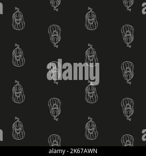 Halloween seamless pattern with line art cartoon smiling pumkins on black background Stock Vector