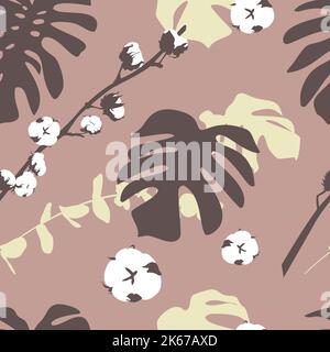Boho seamless pattern with monstera leaves and cotton Stock Vector