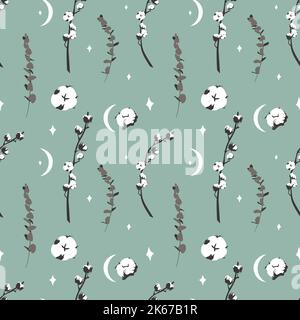 Boho seamless pattern with eucalyptus and cotton Stock Vector