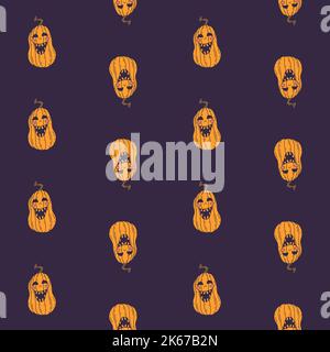 Halloween seamless pattern with smiling pumkins on purple background Stock Vector