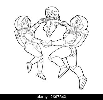 Family of astronauts mom, dad and baby dance in space. Coloring book, vector on white background, outline Stock Vector