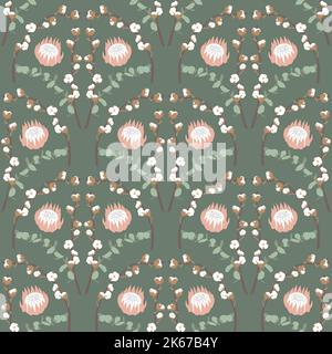 Boho seamless pattern with eucalyptus and cotton Stock Vector