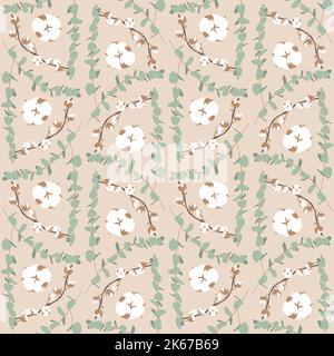 Boho seamless pattern with eucalyptus and cotton Stock Vector