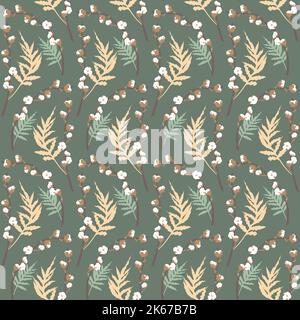 Boho seamless pattern with eucalyptus and cotton Stock Vector