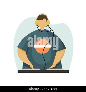Vector illustration of a DJ with headphones playing music. Profession. Flat style Stock Vector