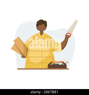 Vector illustration of a carpenter with wooden planks and a saw in his hands. Profession. Outline Stock Vector