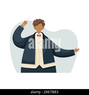 Vector illustration of a conductor in a tuxedo with a baton. Profession. Stock Vector