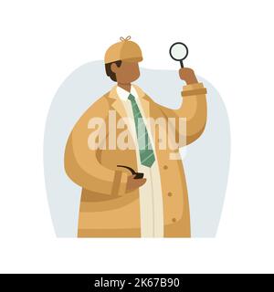 Vector illustration of a private investigator in a raincoat with a magnifying glass in his hands and a smoking pipe. Profession. Flat style Stock Vector