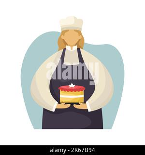 Vector illustration of a pastry chef in uniform with a cake in her hands. Profession. Flat style Stock Vector
