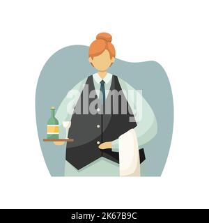 Vector illustration of a uniformed waiter with a tray in her hands and a towel. Profession. Stock Vector