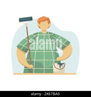 Vector illustration of a painter with a roller and a bucket of paint. Profession. Flat style Stock Vector