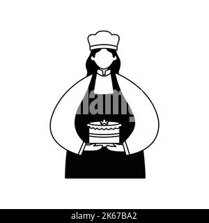 Vector illustration of a pastry chef in uniform with a cake in her hands. Profession. Line art Stock Vector