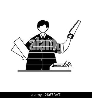 Vector illustration of a carpenter with wooden planks and a saw in his hands. Profession. Outline Stock Vector