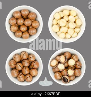 Macadamia nuts, in white bowls, over gray. Queensland, bush, maroochi, bauple or Hawaii nuts. Dried fruits in shells, shelled, and whole nuts. Stock Photo