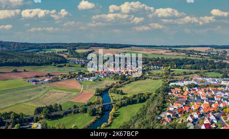 Beautiful European rural landscape from a bird's eye view on a sunny day Stock Photo