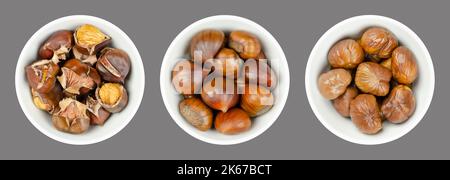 Unshelled, roasted and boiled chestnuts, marrons in white bowls over gray. Sweet chestnuts, Castanea sativa. Stock Photo
