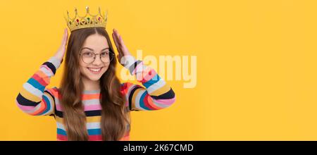 self confident queen. expressing smug. arrogant princess in tiara. cheerful proud child. Child queen princess in crown horizontal poster design Stock Photo