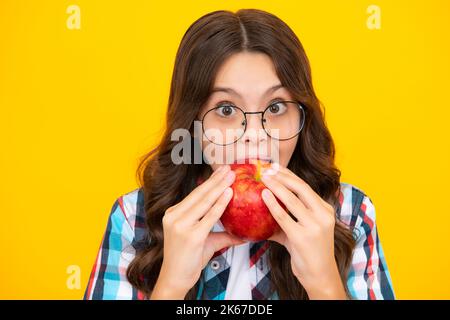 Spring everywhere. spring season fruits. full of vitamins. organic food only. natural and healthy. happy childhood. kid eat apple. child with fruit Stock Photo