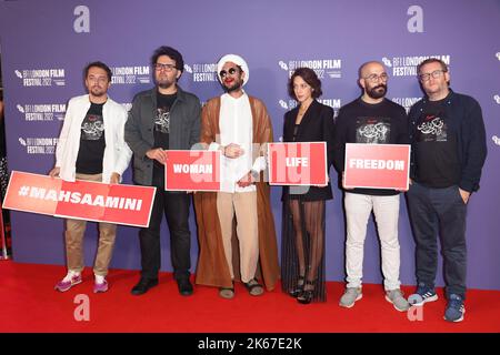 Sol Bondy, Arash Ashtiani, Zar Amir Ebrahimi, Ali Abbasi, Nima Akbarpour and Jacob Jarek attend UK premiere of Holy Spider at the BFI London Film Fest Stock Photo