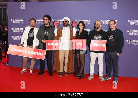 Sol Bondy, Arash Ashtiani, Zar Amir Ebrahimi, Ali Abbasi, Nima Akbarpour and Jacob Jarek attend UK premiere of Holy Spider at the BFI London Film Fest Stock Photo