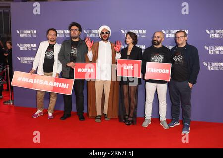 Sol Bondy, Arash Ashtiani, Zar Amir Ebrahimi, Ali Abbasi, Nima Akbarpour and Jacob Jarek attend UK premiere of Holy Spider at the BFI London Film Fest Stock Photo