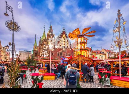 Wroclaw, Poland - December 2019: Famous polish Christmas Market in medieval Rynek Marquet Square. Stock Photo