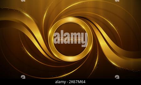 The golden circular frame is surrounded by a gold ribbon with glittering light effect elements. Dark golden background with vertical soft light streak Stock Vector