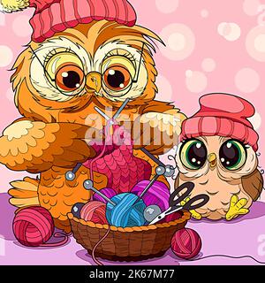 cute owl cartoon illustration knitting clothes Stock Photo