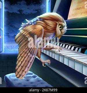 Picture of a cute brown owl playing the piano Stock Photo